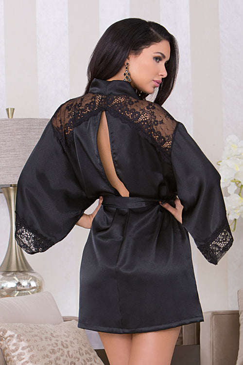 Black Satin Robe with Peek-A-Boo Back icollection 7829